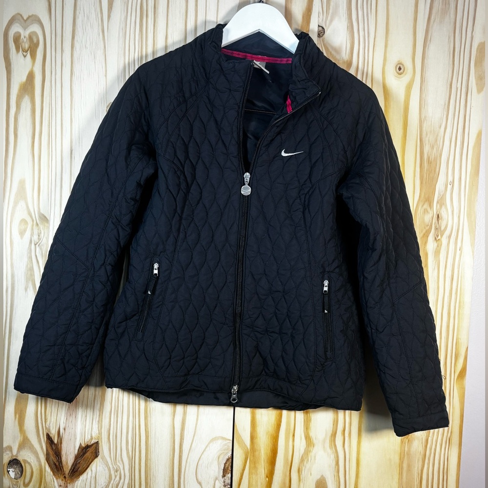 Nike Kids Black Quilted Puffer Jacket with Pink Trim